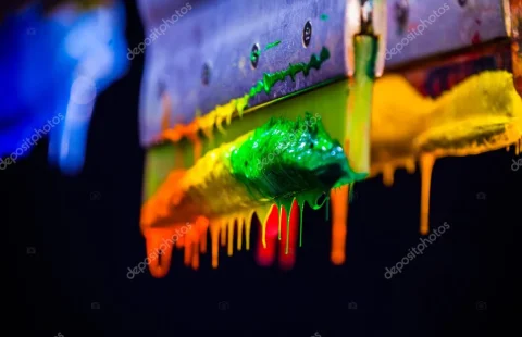 Materials needed for screen printing: a squeegee and colored screen printing paint applied through a silk screen.