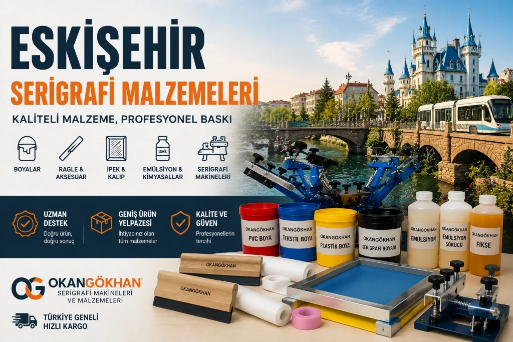 مستلزمات الطباعة بالشاشة الحريرية في إسكي شهير؛ يتم توفير حبر الطباعة بالشاشة الحريرية، والمستحلب، والممسحة، والحرير، والقوالب، وآلات الطباعة بالشاشة الحريرية مع شحن سريع في جميع أنحاء تركيا تحت ضمان شركة أوكان جوكهان.