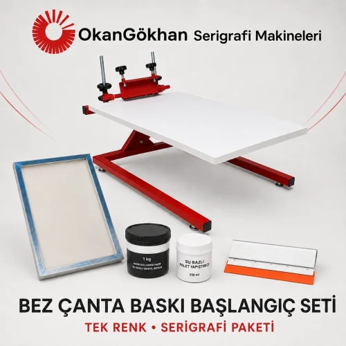 Bez çanta baskı başlangıç seti, düz 50×70 cm tablalı tezgâh, kalıp, ragle ve siyah tekstil boyası